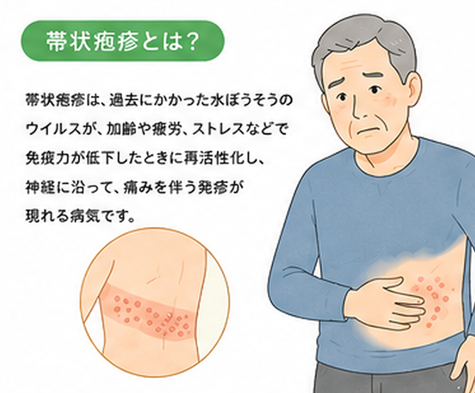 帯状疱疹とは？ 帯状疱疹は、過去にかかった水ぼうそうのウイルスが、加齢や疲労、ストレスなどで免疫力が低下したときに再活性化し、神経に沿って、痛みを伴う発疹が現れる病気です。